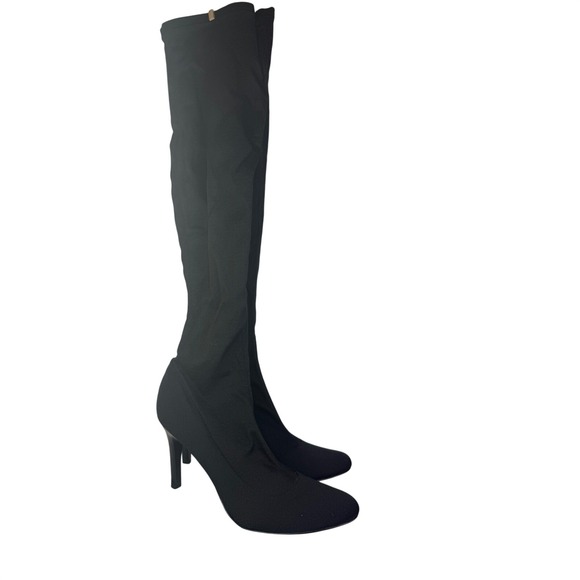 Y2K Black Stiletto Over The Knee Boots Pointed Toe High Heel Stretch Fabric - Picture 2 of 10